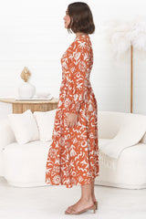 Jolie Midi Dress - V Neck Buttoned Down Long Sleeve Dress in Taralen Print Orange