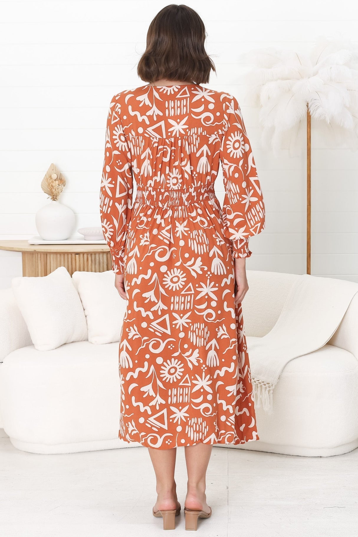 Jolie Midi Dress - V Neck Buttoned Down Long Sleeve Dress in Taralen Print Orange