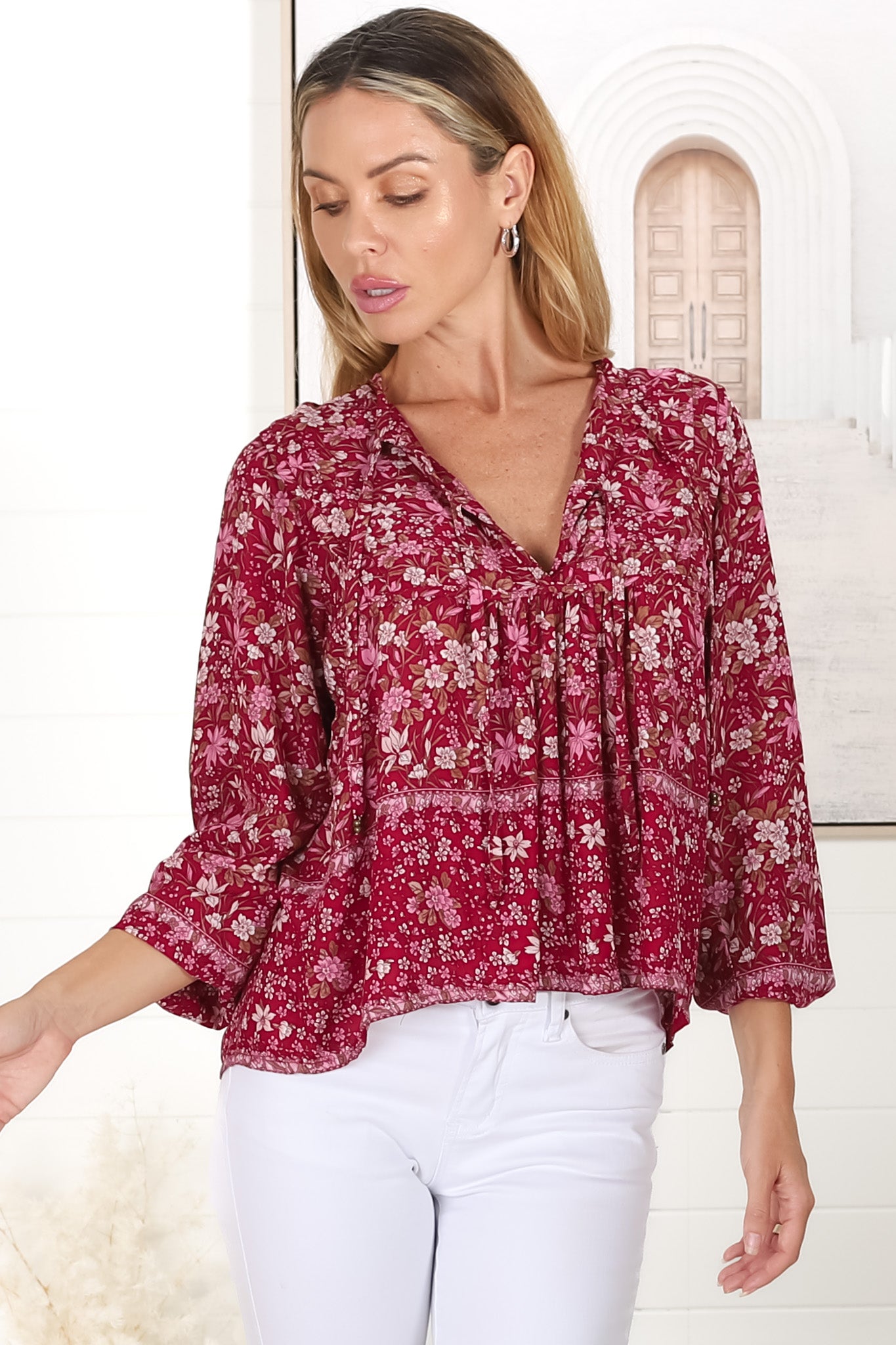 Tegan Top - Double Neck Tie Smock Top in Iris Print Red