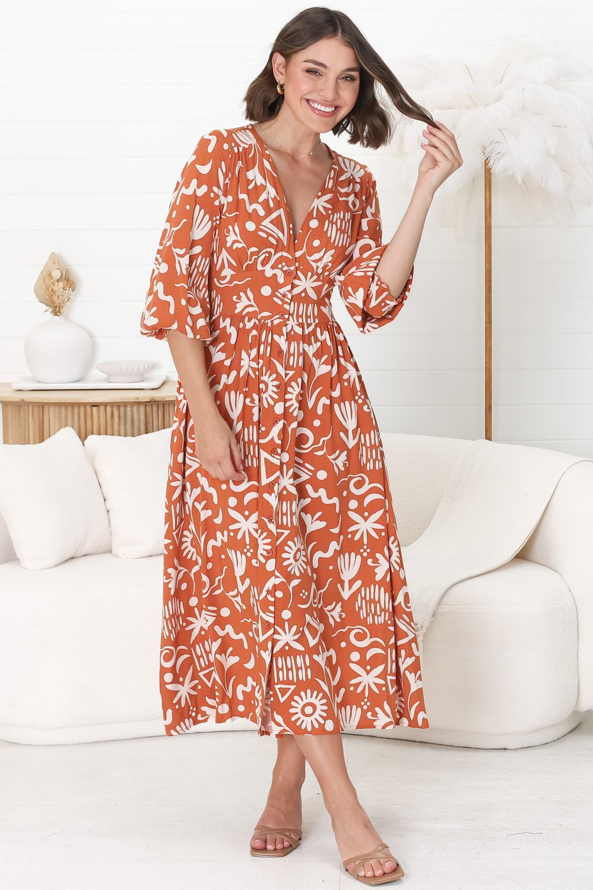 Jolie Midi Dress - V Neck Buttoned Down Long Sleeve Dress in Taralen Print Orange