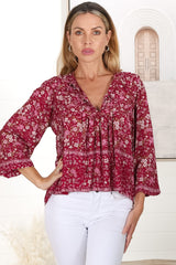 Tegan Top - Double Neck Tie Smock Top in Iris Print Red