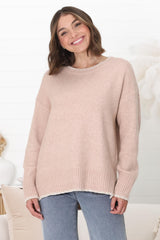 Kindra Jumper - Crew Neck Pull Over Jumper with Contrast Stitching in Pink Marle