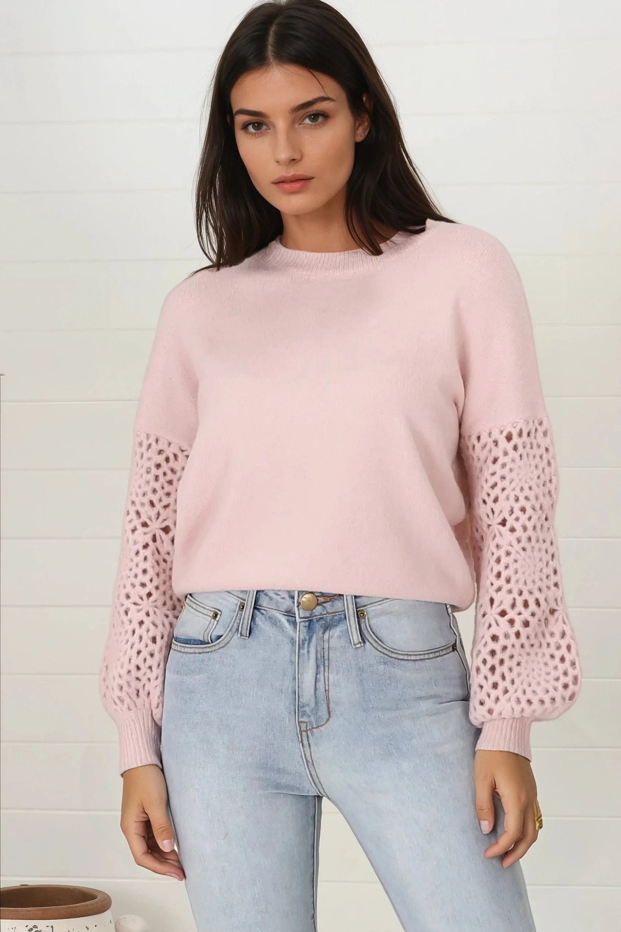 Roland Jumper -  Crew Neck Open Knit Sleeve Jumper in Pink