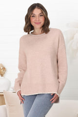 Kindra Jumper - Crew Neck Pull Over with Contrast Stitching in Pink Marle