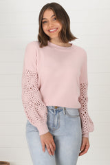 Roland Jumper -  Crew Neck Open Knit Sleeve Jumper in Pink