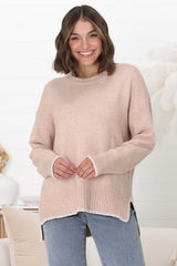 Kindra Jumper - Crew Neck Pull Over with Contrast Stitching in Pink Marle