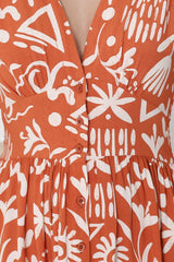 Jolie Midi Dress - V Neck Buttoned Down Long Sleeve Dress in Taralen Print Orange