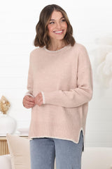 Kindra Jumper - Crew Neck Pull Over with Contrast Stitching in Pink Marle