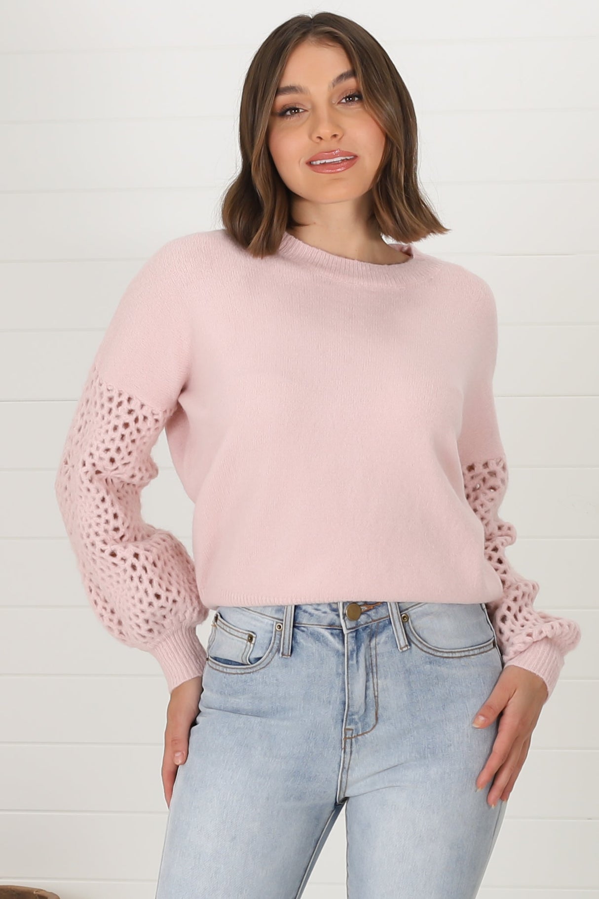 Roland Jumper -  Crew Neck Open Knit Sleeve Jumper in Pink