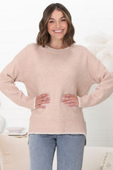 Kindra Jumper - Crew Neck Pull Over Jumper with Contrast Stitching in Pink Marle