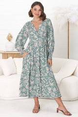 Jolie Midi Dress - V Neck Buttoned Down Long Sleeve Dress in Taralen Print Duck Egg Blue