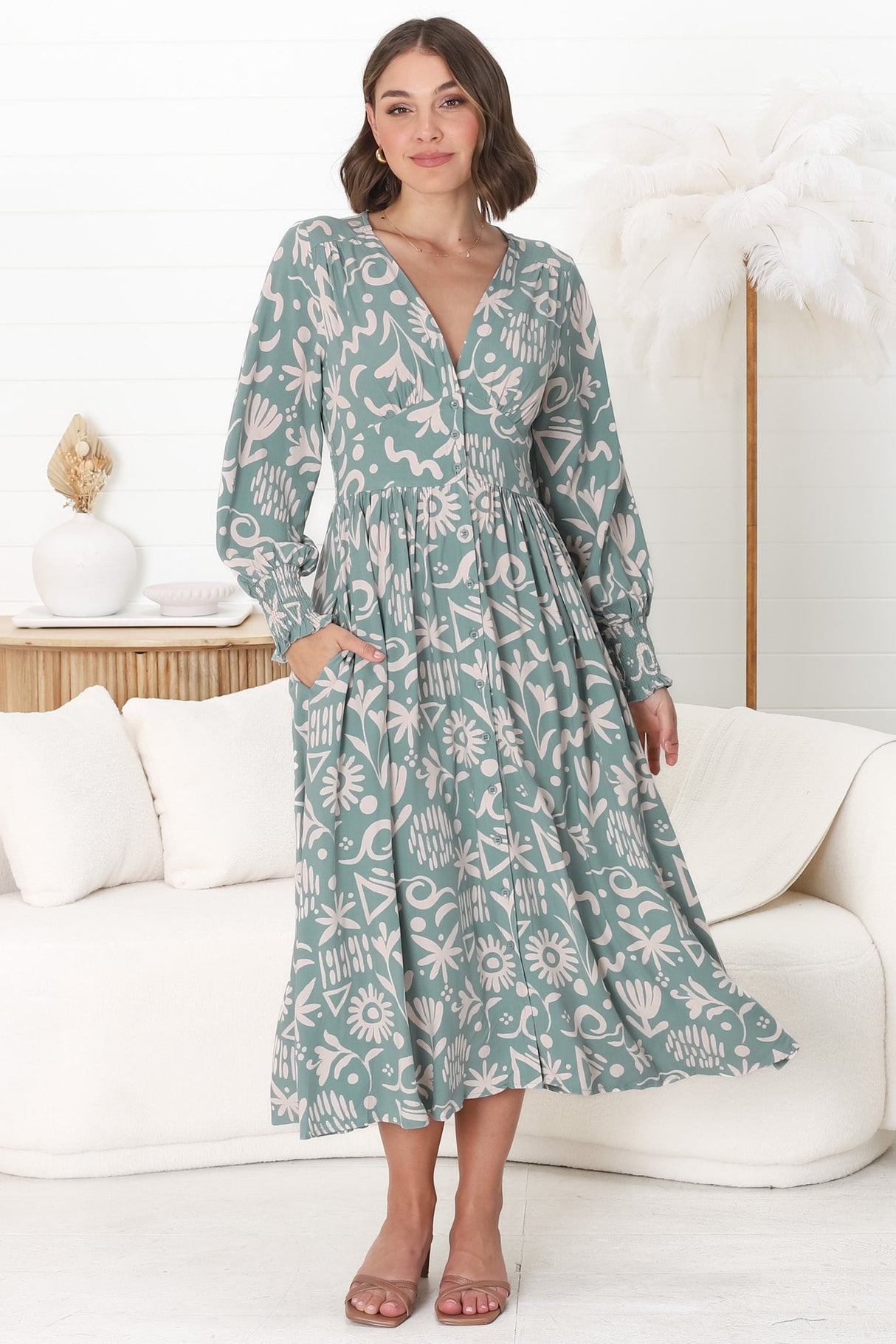 Jolie Midi Dress - V Neck Buttoned Down Long Sleeve Dress in Taralen Print Duck Egg Blue