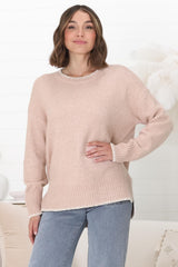 Kindra Jumper - Crew Neck Pull Over with Contrast Stitching in Pink Marle