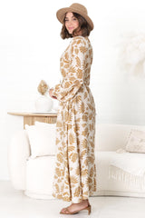 Amelie Maxi Dress - Frill Collar Button Through Dress with Waist Tie in Kiana Print