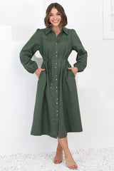 Waverly Midi Dress - Linen Button Down Dress in Green