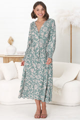 Jolie Midi Dress - V Neck Buttoned Down Long Sleeve Dress in Taralen Print Duck Egg Blue