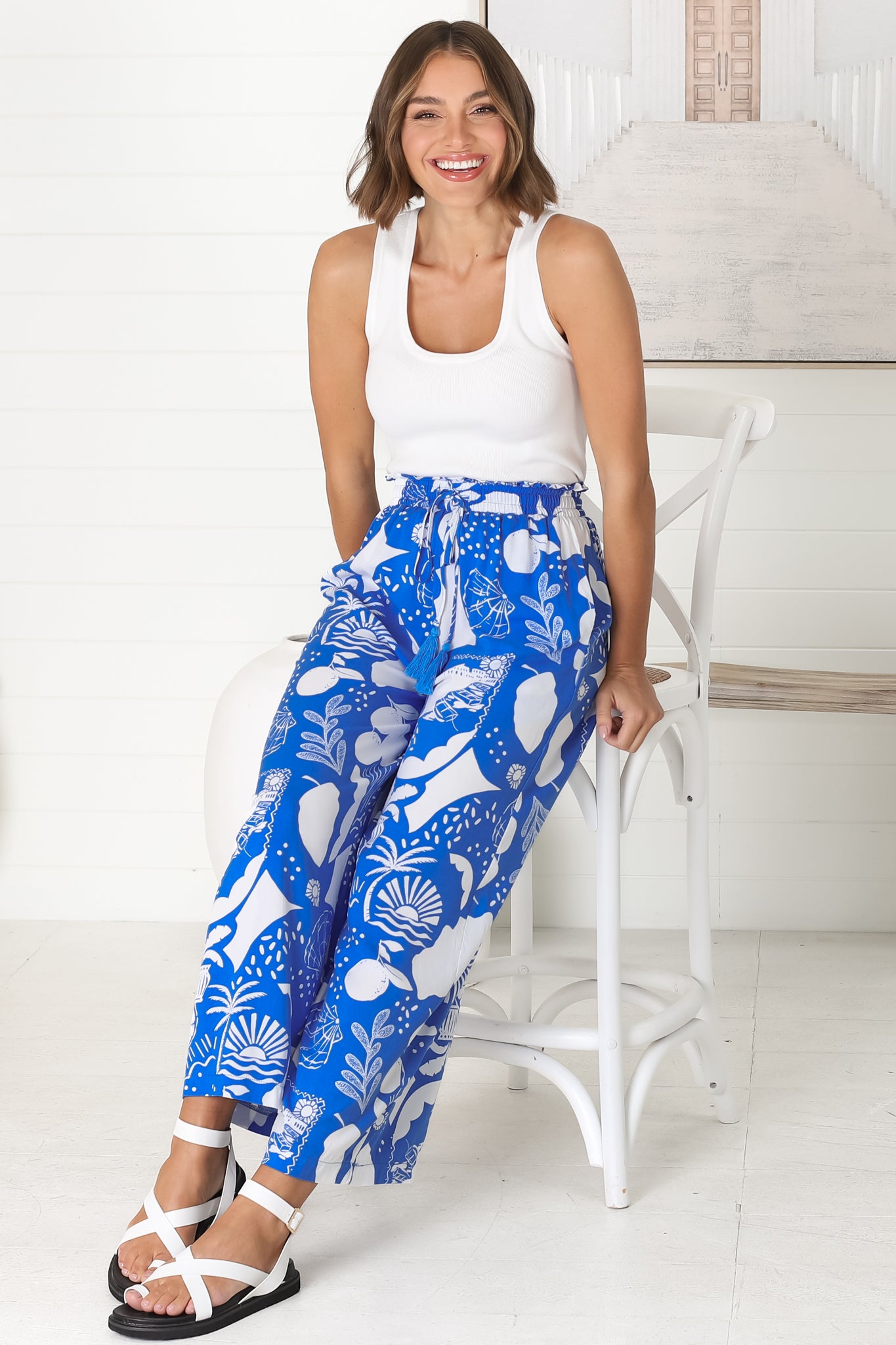 Saskia Pants - Elasticated Paperpag Waist with Drawstring Wide Leg Pants with Pockets in Cobalt Blue