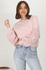 Roland Jumper -  Crew Neck Open Knit Sleeve Jumper in Pink