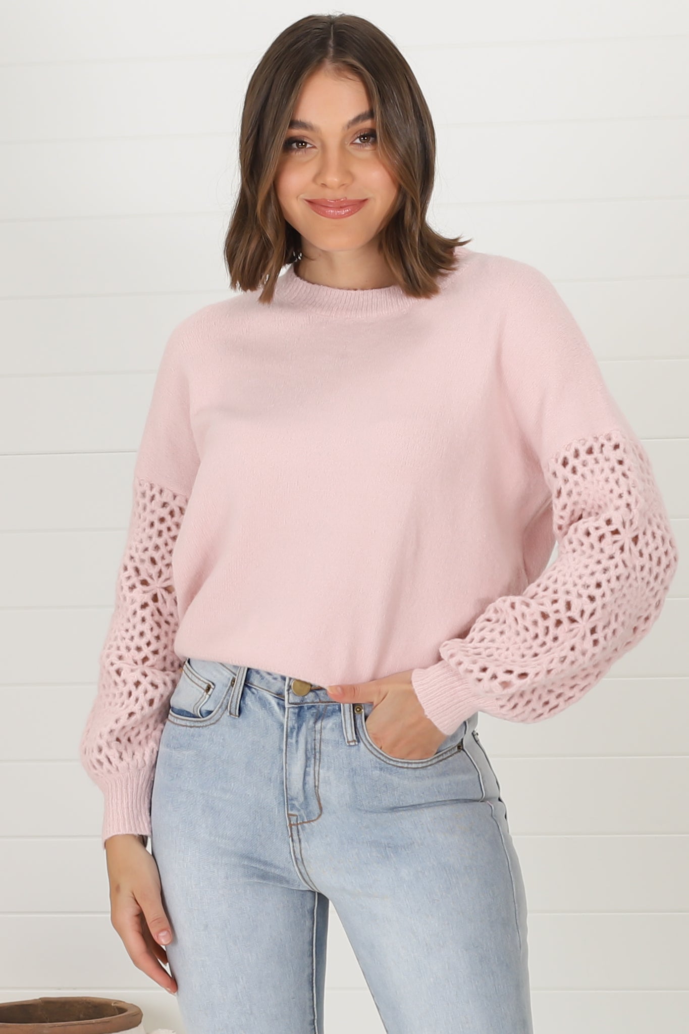 Roland Jumper -  Crew Neck Open Knit Sleeve Jumper in Pink