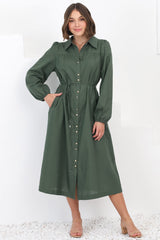 Waverly Midi Dress - Linen Button Down Dress in Green