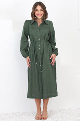 Waverly Midi Dress - Linen Button Down Dress in Green