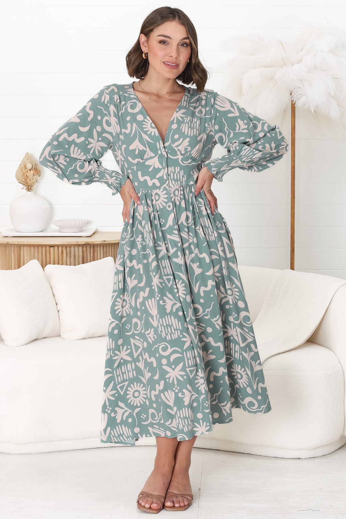 Jolie Midi Dress - V Neck Buttoned Down Long Sleeve Dress in Taralen Print Duck Egg Blue