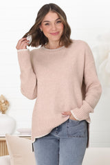 Kindra Jumper - Crew Neck Pull Over Jumper with Contrast Stitching in Pink Marle