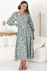 Jolie Midi Dress - V Neck Buttoned Down Long Sleeve Dress in Taralen Print Duck Egg Blue