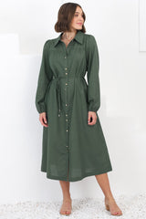 Waverly Midi Dress - Linen Button Down Dress in Green