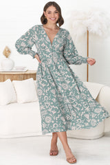 Jolie Midi Dress - V Neck Buttoned Down Long Sleeve Dress in Taralen Print Duck Egg Blue