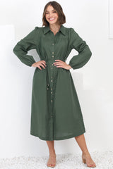 Waverly Midi Dress - Linen Button Down Dress in Green