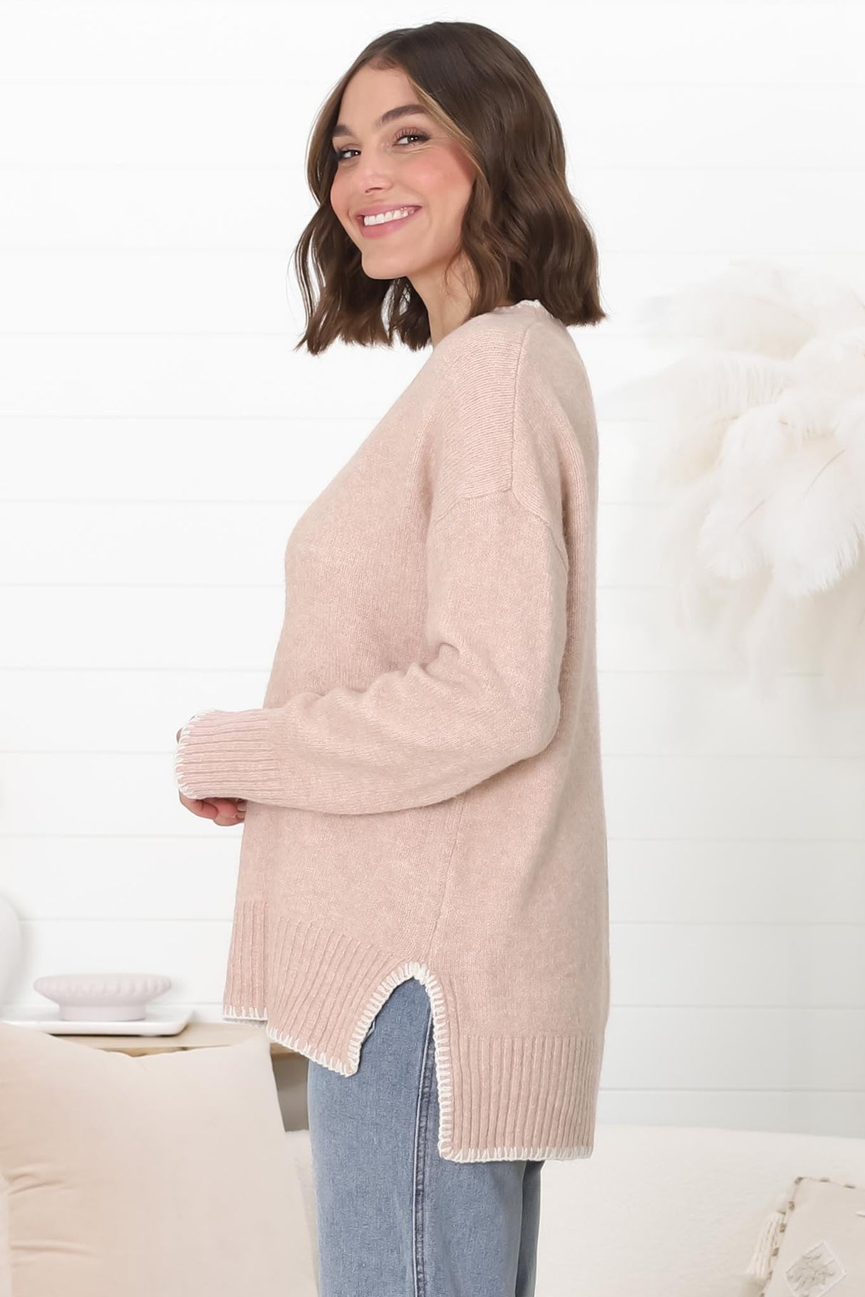 Kindra Jumper - Crew Neck Pull Over Jumper with Contrast Stitching in Pink Marle