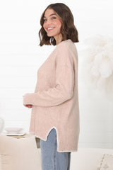 Kindra Jumper - Crew Neck Pull Over with Contrast Stitching in Pink Marle