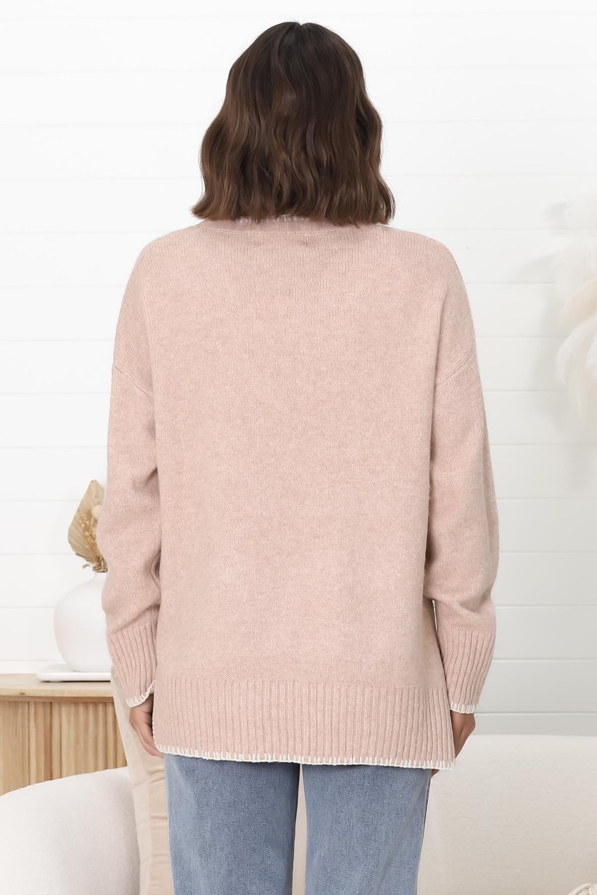 Kindra Jumper - Crew Neck Pull Over Jumper with Contrast Stitching in Pink Marle