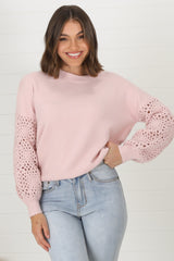 Roland Jumper -  Crew Neck Open Knit Sleeve Jumper in Pink