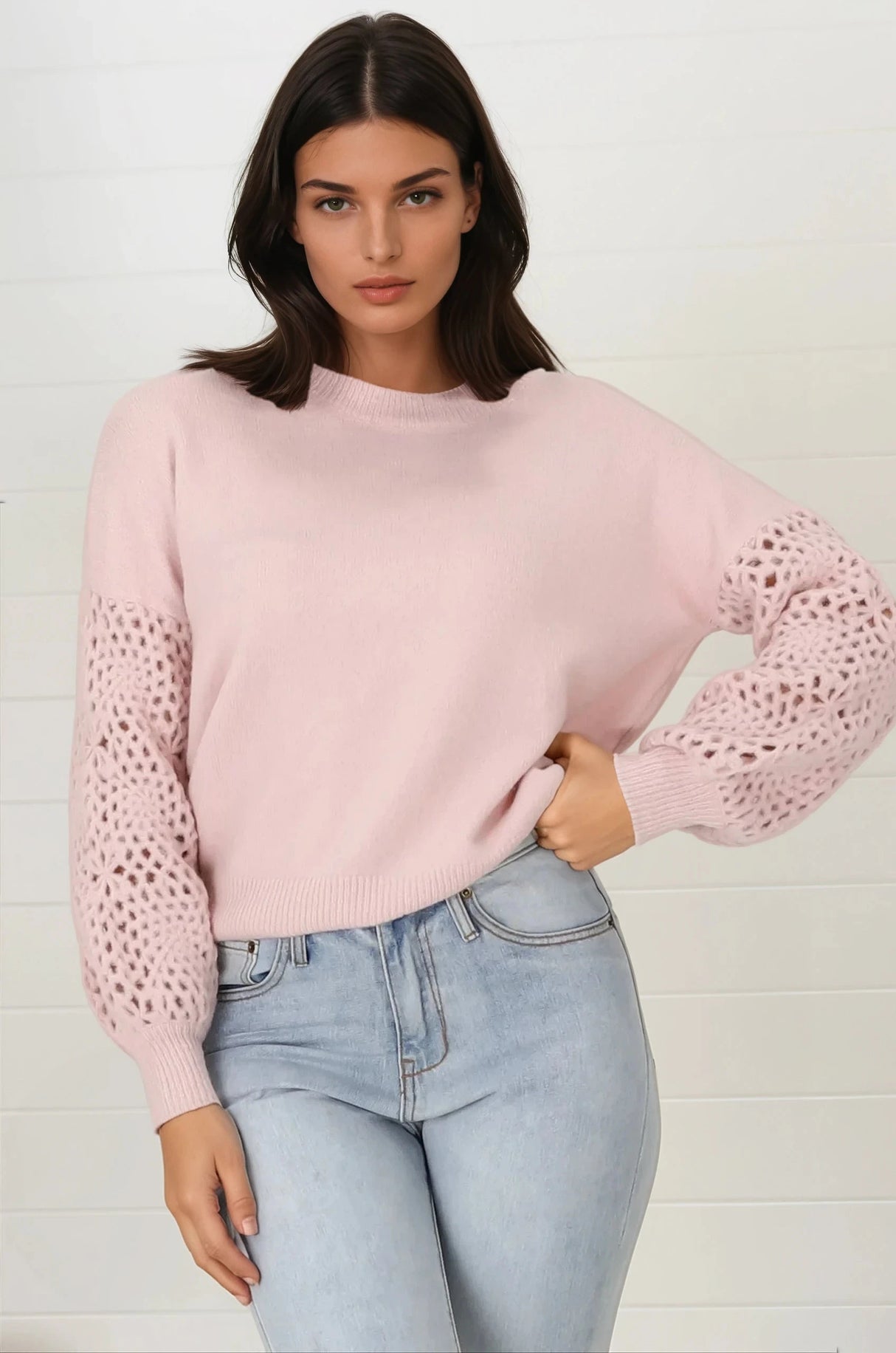 Roland Jumper -  Crew Neck Open Knit Sleeve Jumper in Pink