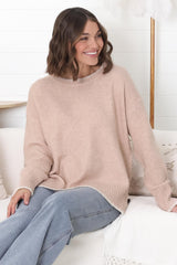 Kindra Jumper - Crew Neck Pull Over with Contrast Stitching in Pink Marle