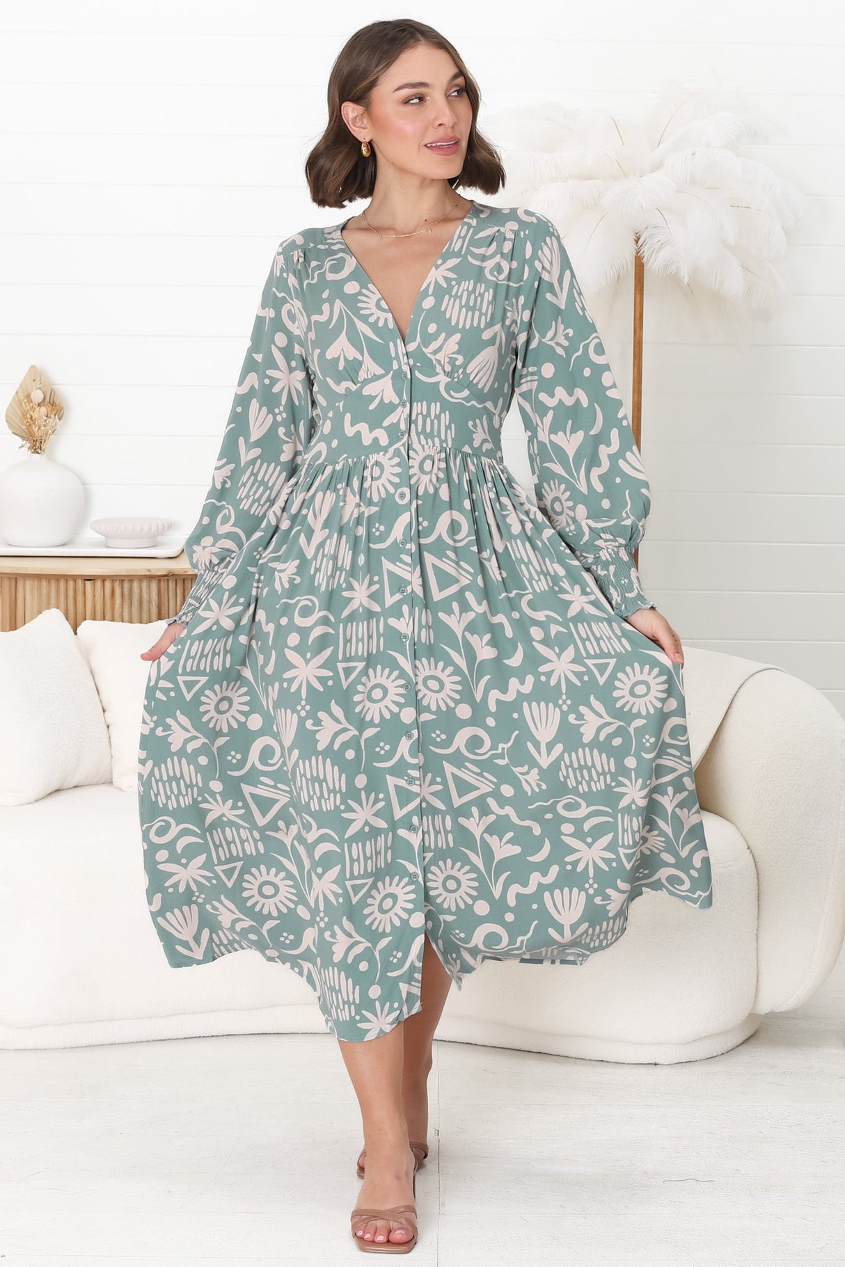 Jolie Midi Dress - V Neck Buttoned Down Long Sleeve Dress in Taralen Print Duck Egg Blue