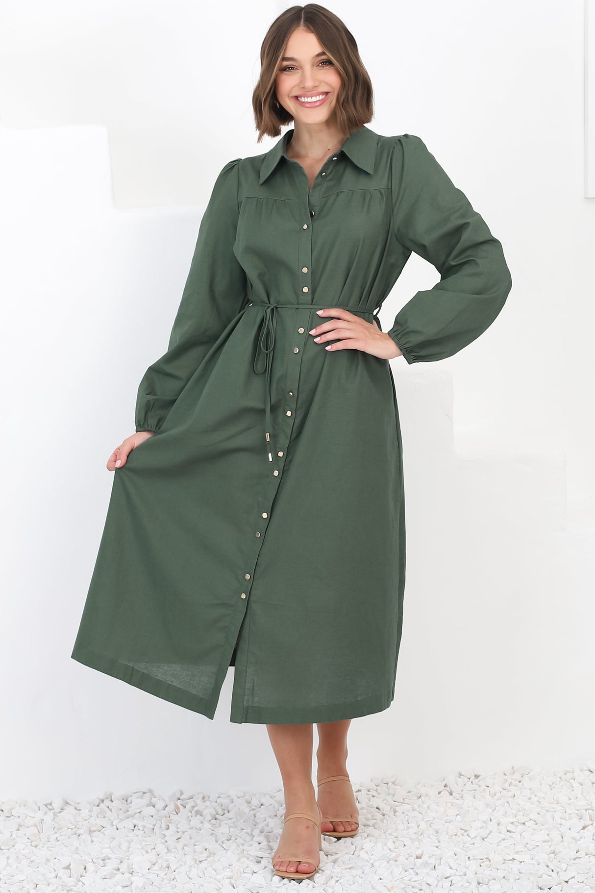 Waverly Midi Dress - Linen Button Down Dress in Green