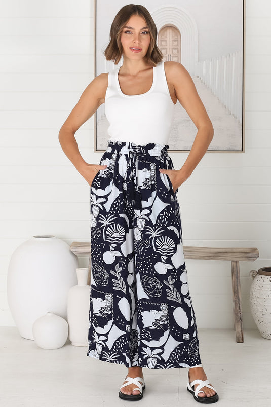 Saskia Pants -  Elasticated Paperpag Waist with Drawstring Wide Leg Pants with Pockets in Navy