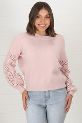 Roland Jumper -  Crew Neck Open Knit Sleeve Jumper in Pink