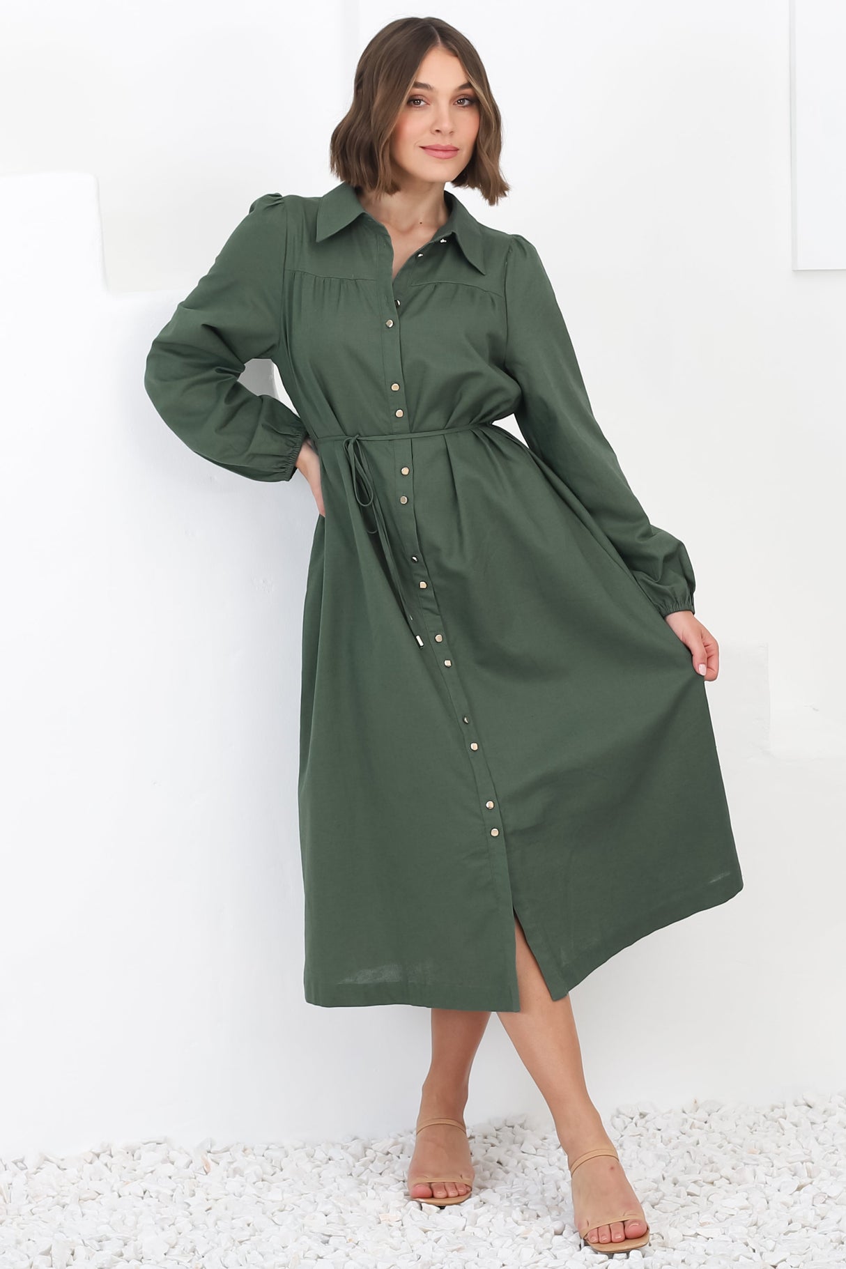 Waverly Midi Dress - Linen Button Down Dress in Green