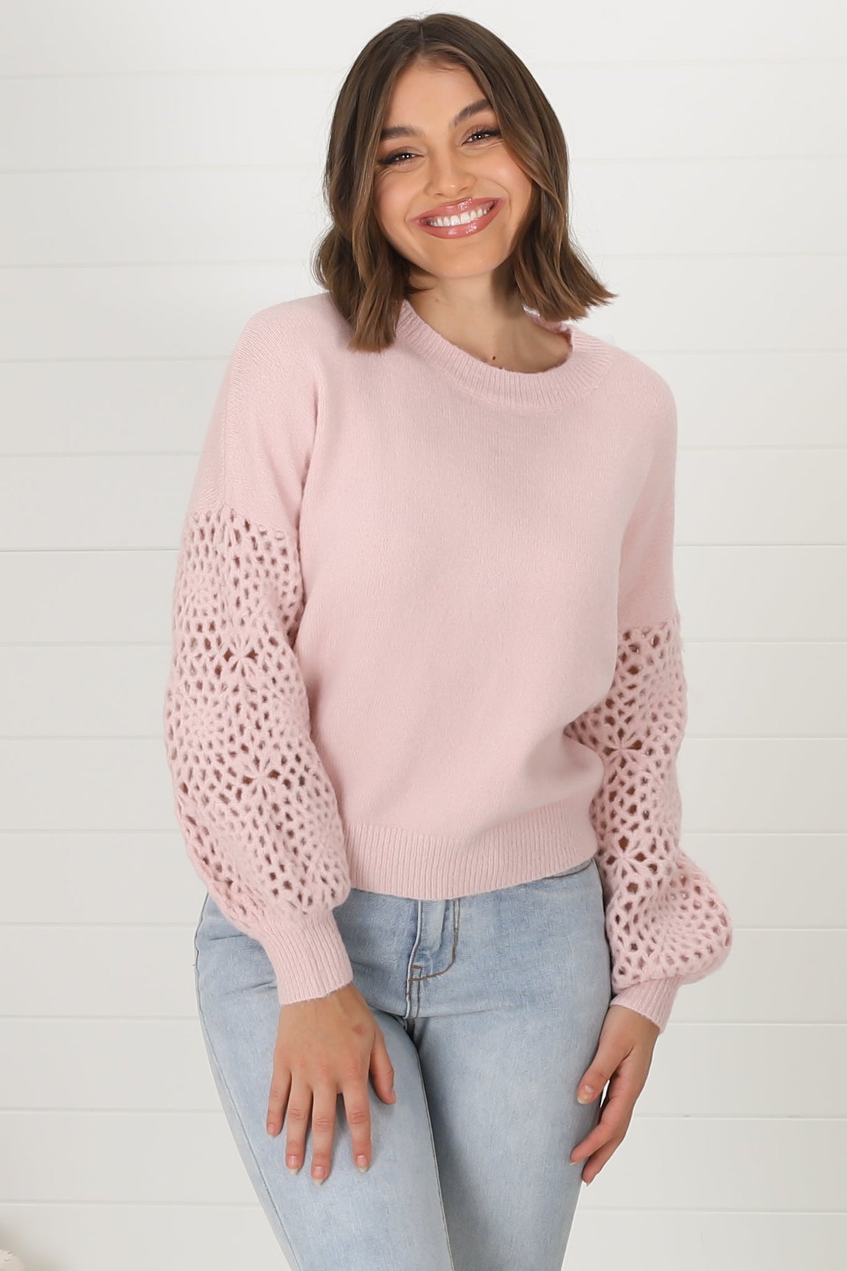 Roland Jumper -  Crew Neck Open Knit Sleeve Jumper in Pink