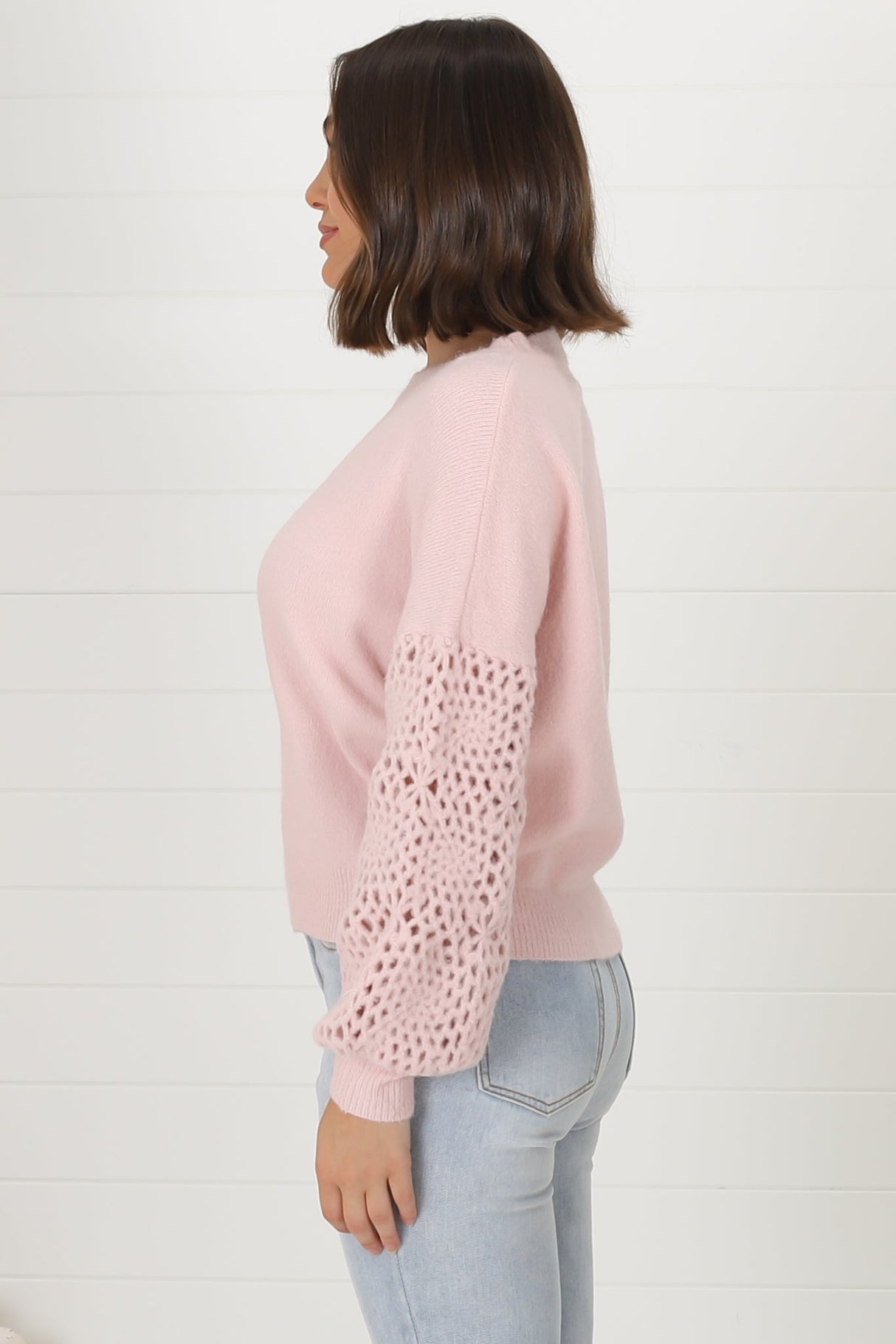 Roland Jumper -  Crew Neck Open Knit Sleeve Jumper in Pink