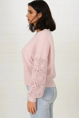 Roland Jumper -  Crew Neck Open Knit Sleeve Jumper in Pink