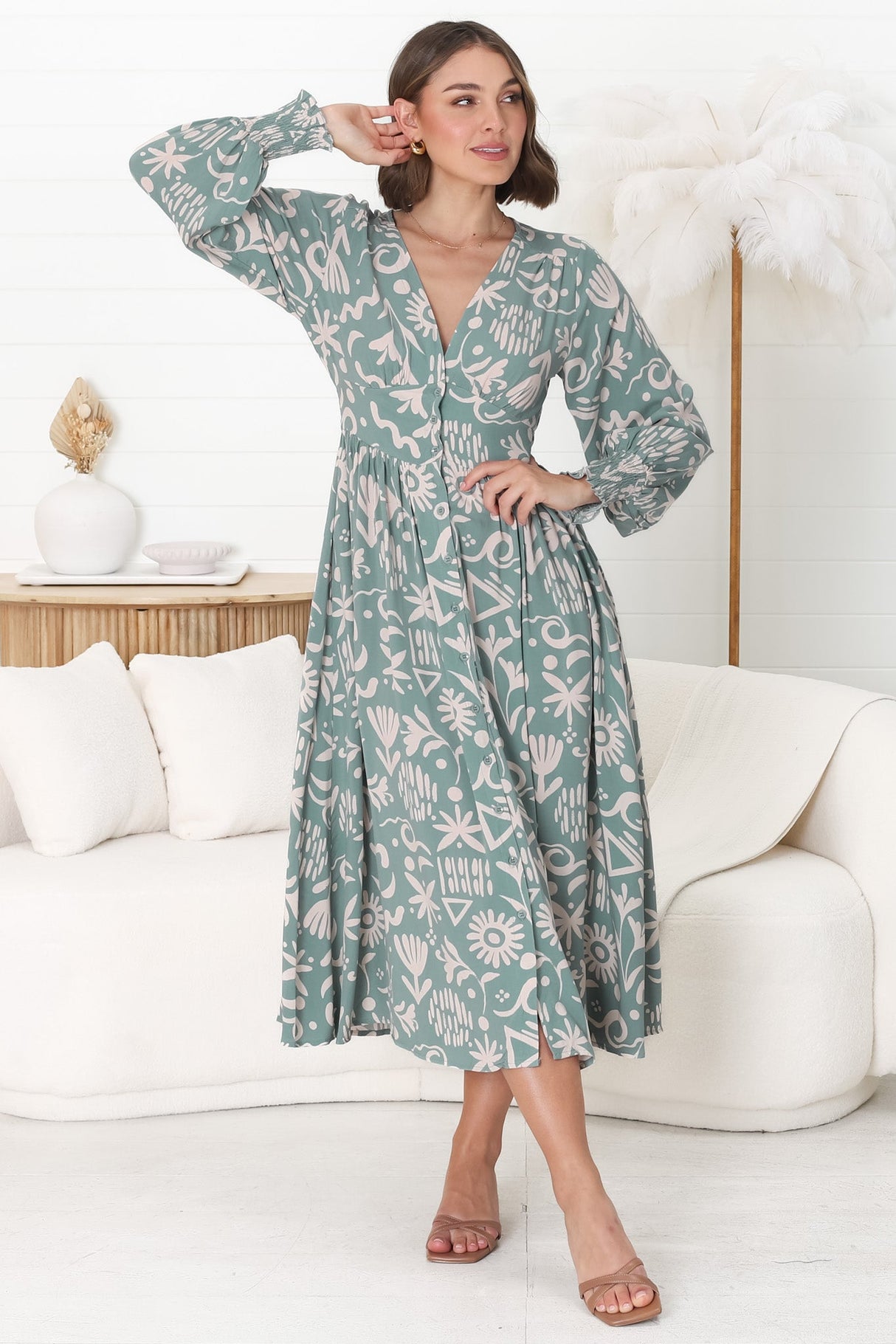 Jolie Midi Dress - V Neck Buttoned Down Long Sleeve Dress in Taralen Print Duck Egg Blue