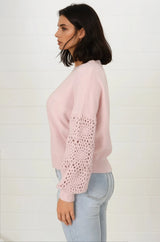 Roland Jumper -  Crew Neck Open Knit Sleeve Jumper in Pink