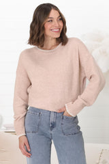 Kindra Jumper - Crew Neck Pull Over with Contrast Stitching in Pink Marle