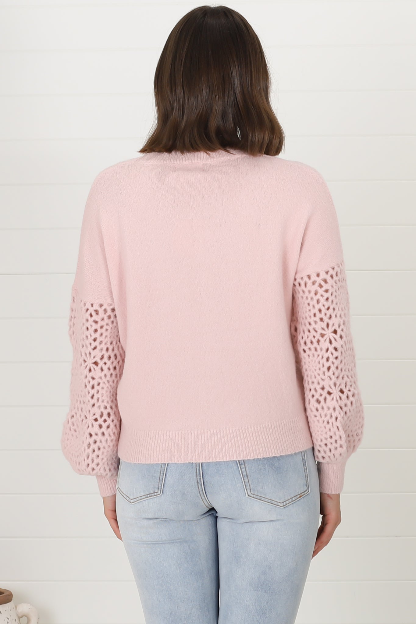 Roland Jumper -  Crew Neck Open Knit Sleeve Jumper in Pink