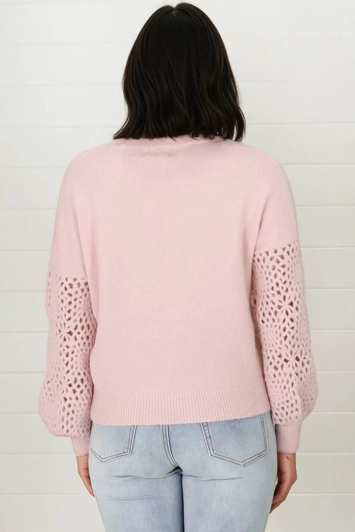 Roland Jumper -  Crew Neck Open Knit Sleeve Jumper in Pink